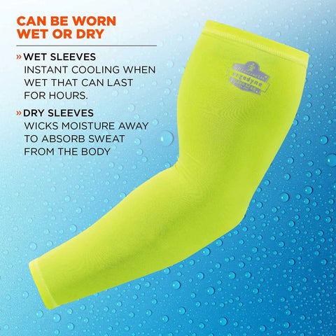 6690 Cooling Arm Sleeves with Performance Knit Lime XX Large, shown with text highlighting wet and dry usage benefits.