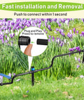 Easy DIY 118 Foot Drip Irrigation Kit With Quick Connects showing quick installation in a garden with purple flowers