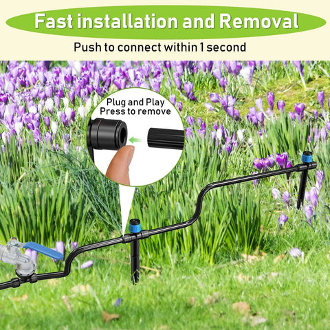 Easy DIY 118 Foot Drip Irrigation Kit With Quick Connects showing quick installation in a garden with purple flowers
