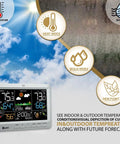 All In One Weather Station With Indoor Outdoor Thermometer And Wireless Atomic Clock Real Time Temperature And Humidity Monitor With Large Constant Display Dew Point Barometer Moon Phase Tide And Comfort Readouts Grey showing temperature and humidity graphics.