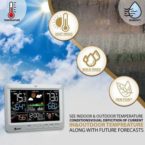 All In One Weather Station With Indoor Outdoor Thermometer And Wireless Atomic Clock Real Time Temperature And Humidity Monitor With Large Constant Display Dew Point Barometer Moon Phase Tide And Comfort Readouts Grey showing temperature and humidity graphics.