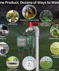 Sprinkler Timer 2 Zone With Gateway WiFi Water Timer With Rain Delay installation on outdoor faucet showcasing watering options.