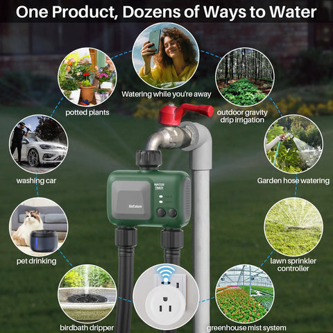 Sprinkler Timer 2 Zone With Gateway WiFi Water Timer With Rain Delay installation on outdoor faucet showcasing watering options.