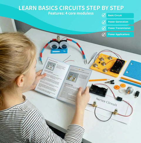 Hands On Electric Circuit Kit For Kids And Students 8 Experiments In 7 Sets With Series And Parallel Circuits Seawater Power Fruit Batteries Beginner Friendly Electrical Science Projects, child reading manual
