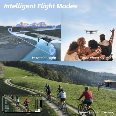 3 Axis Gimbal GPS Drone With 4K Camera For Dope Cinematic Shots, showcasing intelligent flight modes over cyclists and landscapes