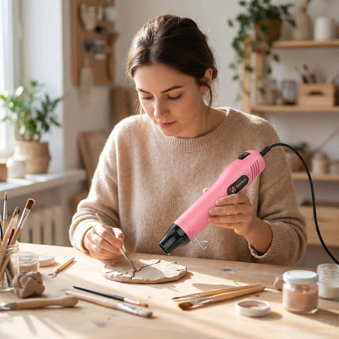 Person using Compact Mini Heat Gun With Dual 482℉/662℉ Settings, Quick-Heat Hot Air Tool for clay crafts on a table.