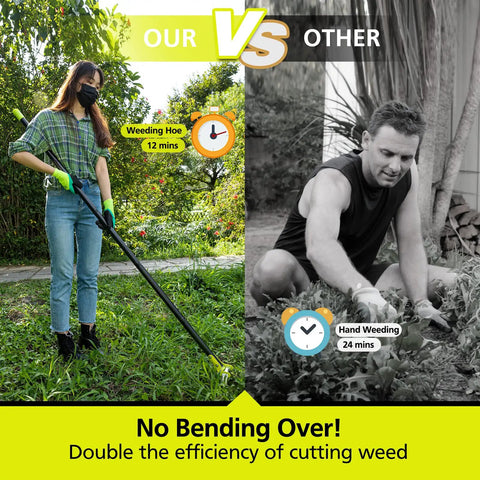 Comparison of using 74 Inch Hula Hoe Garden Tool With Adjustable Stirrup Hoe and Gardening Gloves versus hand weeding