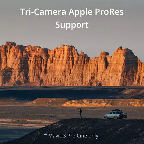 Landscape with red cliffs and vehicle, highlighting Tri-Camera Apple ProRes Support for Mavic 3 Pro Cine Drone.
