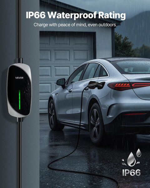 Car charging with 16 Amp Level 1 And Level 2 EV Charger With 25 Ft Cable, Portable Home Charging Station in rain, IP66 waterproof, garage.