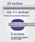 24 Inch Continuous Pin Hinge Nickel Finish, One And One Quarter Inch Wide, Surface Mounted Easy Install with details of dimensions and pre-drilled holes staggered for extra strength