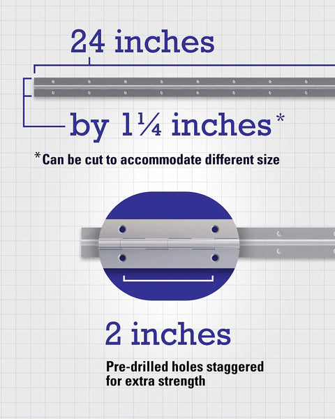 24 Inch Continuous Pin Hinge Nickel Finish, One And One Quarter Inch Wide, Surface Mounted Easy Install with details of dimensions and pre-drilled holes staggered for extra strength