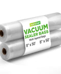 Heavy Duty Commercial Grade Vacuum Sealer Bags 8X50 Rolls 2 Pack displayed with embossed channels
