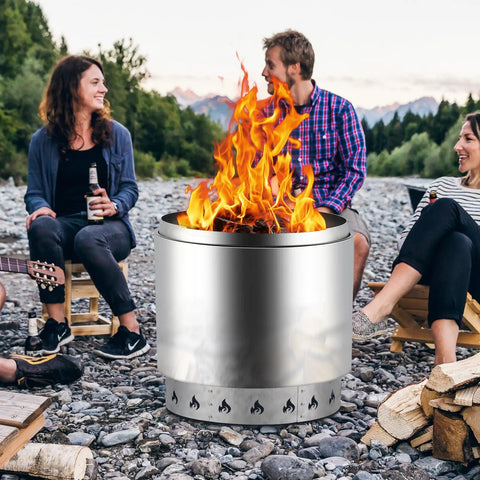 Heavy Duty 27 Inch Fire Pit Kit With 304 Stainless Steel Build in use during a camping hangout with friends