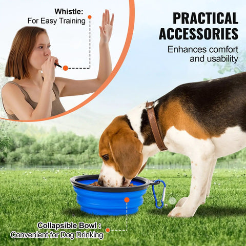 Backyard Dog Agility Training Kit With Adjustable High Hurdles, Six Weave Poles, 78 Inch Tunnel, whistle, foldable bowl in use