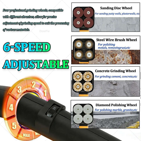 Close-up of heavy-duty variable speed concrete sander showing sanding discs and 6-speed adjustable dial.