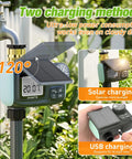 Solar Powered Sprinkler Timer With 1000mAh Type-C Rechargeable Battery showing solar and USB charging options on garden faucet
