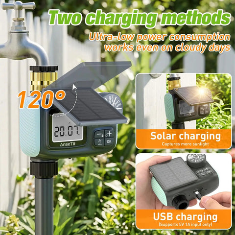 Solar Powered Sprinkler Timer With 1000mAh Type-C Rechargeable Battery showing solar and USB charging options on garden faucet