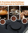 Top Shelf Super Automatic Espresso Maker With Built In Grinder And Dual Boiler Milk Frother For Pulling Seven Killer Shots At Home Featuring Slick Self Cleaning Tech And Absolute Barista Vibes In Silver Finish showing 15 grind settings from espresso to cold brew.