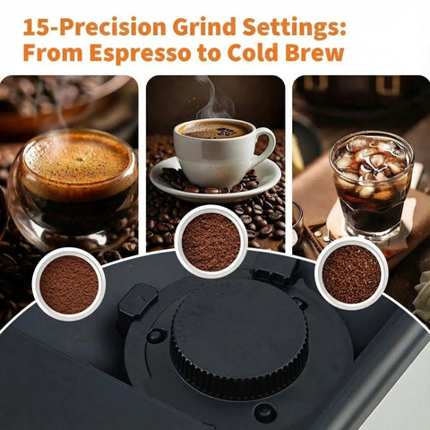 Top Shelf Super Automatic Espresso Maker With Built In Grinder And Dual Boiler Milk Frother For Pulling Seven Killer Shots At Home Featuring Slick Self Cleaning Tech And Absolute Barista Vibes In Silver Finish showing 15 grind settings from espresso to cold brew.