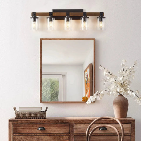 Five Light Farmhouse Vanity Light With Wood And Black Finish for bathroom above mirror with rustic decor.