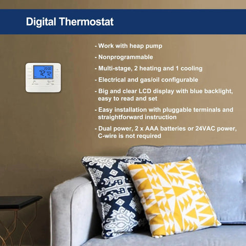 Heat Pump Thermostat For Home No Fuss Non Programmable 2 Heat 1 Cool With Large LCD Display Wall Mounted