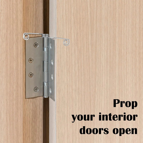 Rock Hard Stainless Steel Hinge Pin Door Stops With Butterfly Spring To Keep Doors Swingin Smooth And Stay Open No Fuss For Bedrooms Interiors Or Exterior Rooms In Pack Of Five Pieces Silver installed on a wooden door.