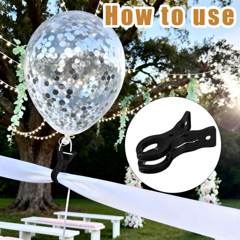 Premium Balloon Clips Kit 15 Pieces 9x5cm Heavy Duty Plastic Clamps holding balloon in garden backdrop