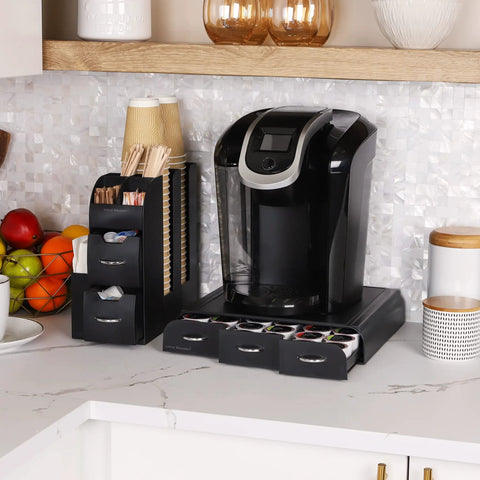 Two Piece Coffee Pod Drawer And Cup Condiment Organizer Set With Ten Compartments And Three Drawers Stackable Pod Storage On Countertop