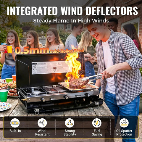 Person grilling on Portable Three Burner Propane Camping Stove With Regulator Push Button Ignition Adjustable Burners And Wind Guards For Car Trips Picnics And Outdoor Cooking 20400 BTUs Lightweight About Ten Pounds.