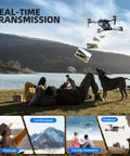 Beginner Friendly Foldable Camera Drone With 1080P Video flying over people by a lake, showcasing real-time transmission photos.