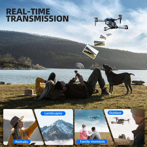 Beginner Friendly Foldable Camera Drone With 1080P Video flying over people by a lake, showcasing real-time transmission photos.