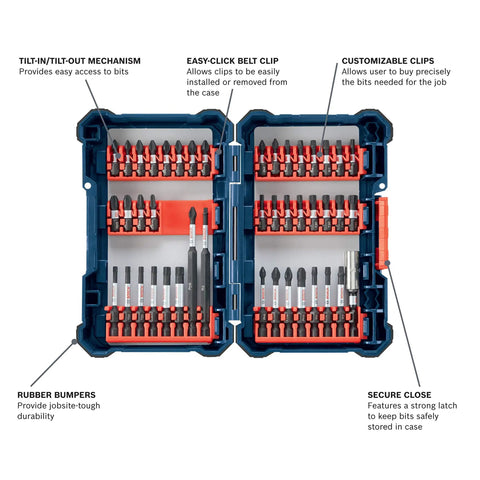 44 Piece Impact Tough Screwdriver Bit Set in Custom Case System with Xtended Torsion Zone for 10X Longer Bit Life open case view