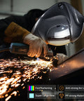 Person grinding metal with True Color Solar Powered Auto Darkening Welding Helmet With Large Viewing Window, sparks flying