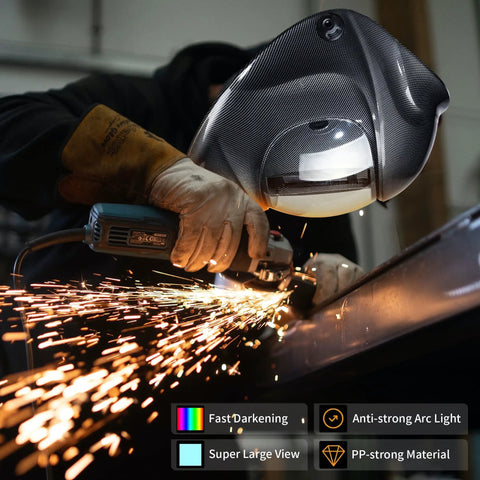 Person grinding metal with True Color Solar Powered Auto Darkening Welding Helmet With Large Viewing Window, sparks flying