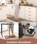 Anti Fatigue Kitchen Floor Mat 20 By 32 Inches Three Quarter Inch Thick Cushioned Ergonomic Standing Pad Waterproof Surface Non Slip Bottom For Home Office Sink Brown shown in kitchen, home office, and garage settings.