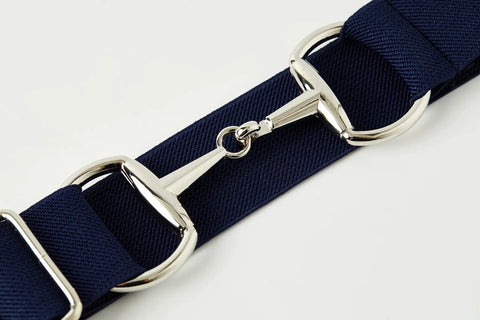 Equestrian Elastic Belt For Women Two Piece Riding Belt Set With Gold Surcingle And Silver Bit Buckle Dark Blue Adjustable Waist Belt