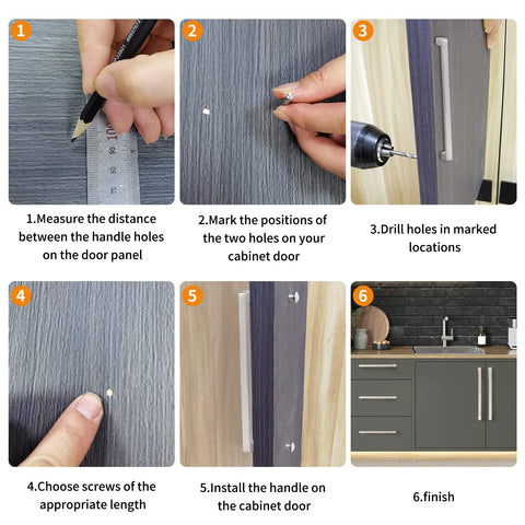 Step-by-step installation of Solid Square Bar Cabinet Handle In Matte Brushed Nickel 6 Inch Center To Center 152 Mm 6 Pack