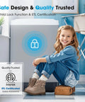 Fully Automatic Portable Washing Machine With 20 Pound Capacity And Ten Custom Wash Programs, Compact Apartment Laundry Station near a child with a safety lock symbol.