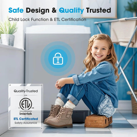 Fully Automatic Portable Washing Machine With 20 Pound Capacity And Ten Custom Wash Programs, Compact Apartment Laundry Station near a child with a safety lock symbol.