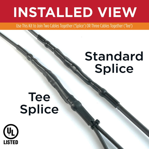 Radiant Solutions Universal Tee & Splice Kit for 10–13mm self-regulating heat cable; two black cables in installed view, UL Listed.