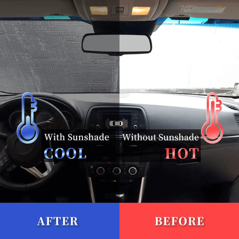 Before and after of car interior with Three Funny Raccoons Windshield Sun Shade For Car SUV Truck 51x27.5 Inches installed, showing temperature difference.