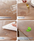 Clear 14 x 24 Inch Table Cover Protector Waterproof 2mm Thick Vinyl shown repelling water, withstanding fork, easy clean, eco-friendly