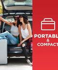 Two women sitting in car trunk with suitcase and red banner displaying text 'Portable & Compact'