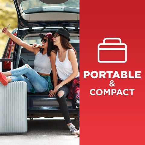 Two women sitting in car trunk with suitcase and red banner displaying text 'Portable & Compact'