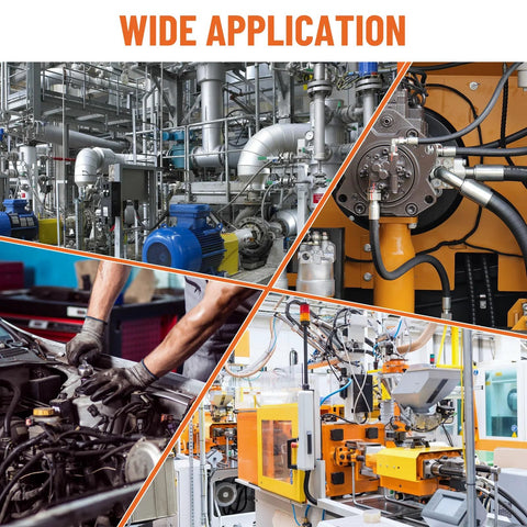 Collage showcasing wide application of hydraulic ORB to NPTF adapters in industrial machinery and automotive settings.