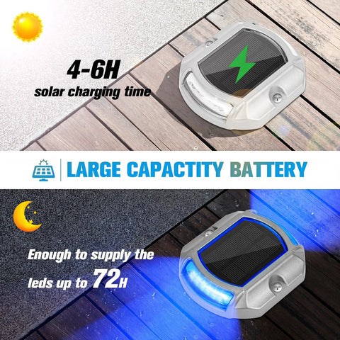 Solar Powered LED Outdoor Lights For Driveway 4 Pack Two Color Switchable White And Blue Waterproof Pathway Step Light Auto On Off with battery details