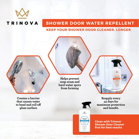 Shower Door Glass Protectant That Makes Water Bead Off, A Water Repellent Sealant For Glass Doors, Stops Soap Scum And Hard Water Build Up, Quick, Easy To Apply, 18 Fl Oz, showing application process and benefits.
