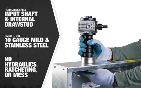 Using a knockout punch driver kit for quick, precise hole cuts with cordless drill on metal cabinet, showing removable draw studs