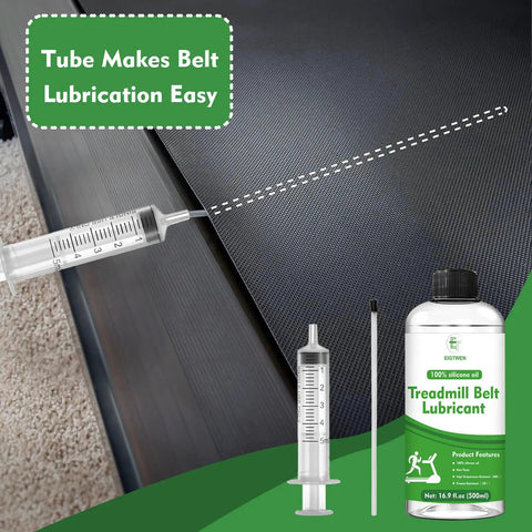 Silicone Treadmill Lubricant 500ml For Smooth Quiet Belt Ride High Temperature Resistant Oil shown with syringe applicator