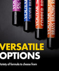 Close-up of various brazing rods including silver, copper, and brass options on a dark background with text versatile options.